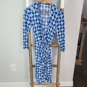 Maggy London Blue and White Sheath Dress with Notched Collar